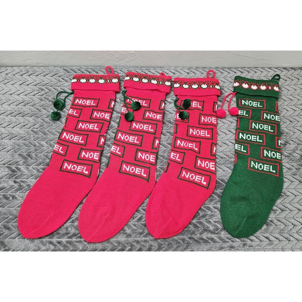 Vintage 4 Knit‎ Pom Pom Christmas Stockings Lot NOEL 3 Red 1 Green Bundle